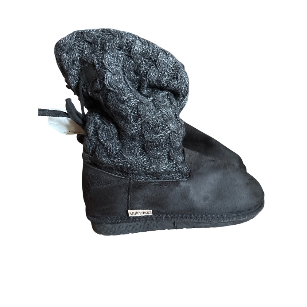 Muk Luks Slipper Boots Womens 8 Black‎ Charcoal New Cable Knit Faux Fur Lined